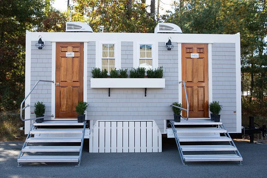 Wedding restroom units discretely staged at a venue in Plymouth, Massachusetts